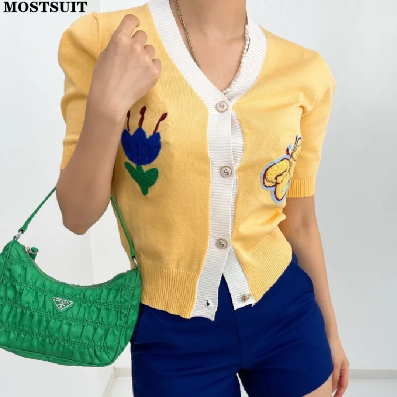 

Женский трикотажный кардиган с коротким рукавом, элегантный винтажный свитер в Корейском стиле с бабочками, лето 2022