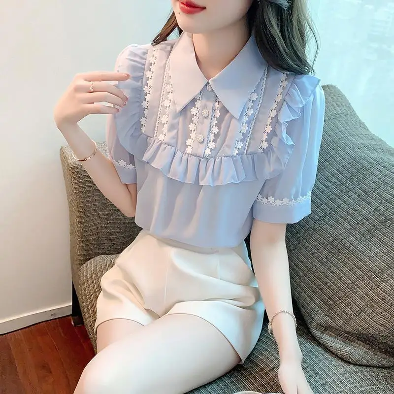 

Женская шифоновая рубашка с короткими рукавами и кукольным воротником