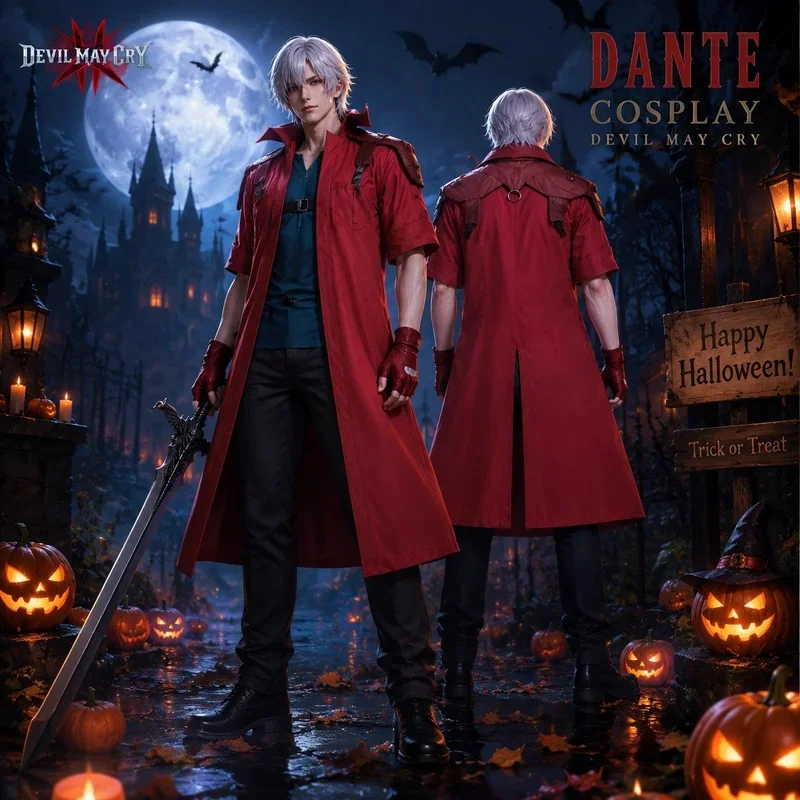 Фото Костюм для косплея Данте из игры Devil May Cry для взрослых мужчин, длинное пальто, перчатки, для ролевых игр на Хэллоуин. №1