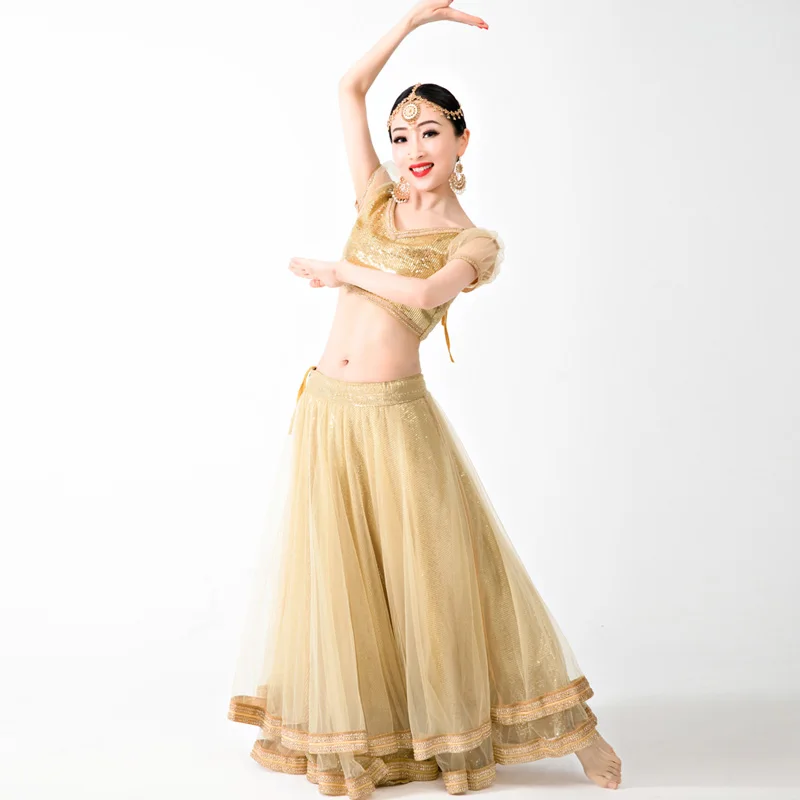 

Indian Classical Dance Dress For Women Adult/Kids Golden Saree Suit Sequin Tops Big Swing Skirt Shawl Sari Stage Costume 2022