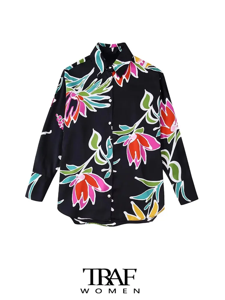 

Блузка женская оверсайз с цветочным принтом, длинным рукавом и пуговицами спереди