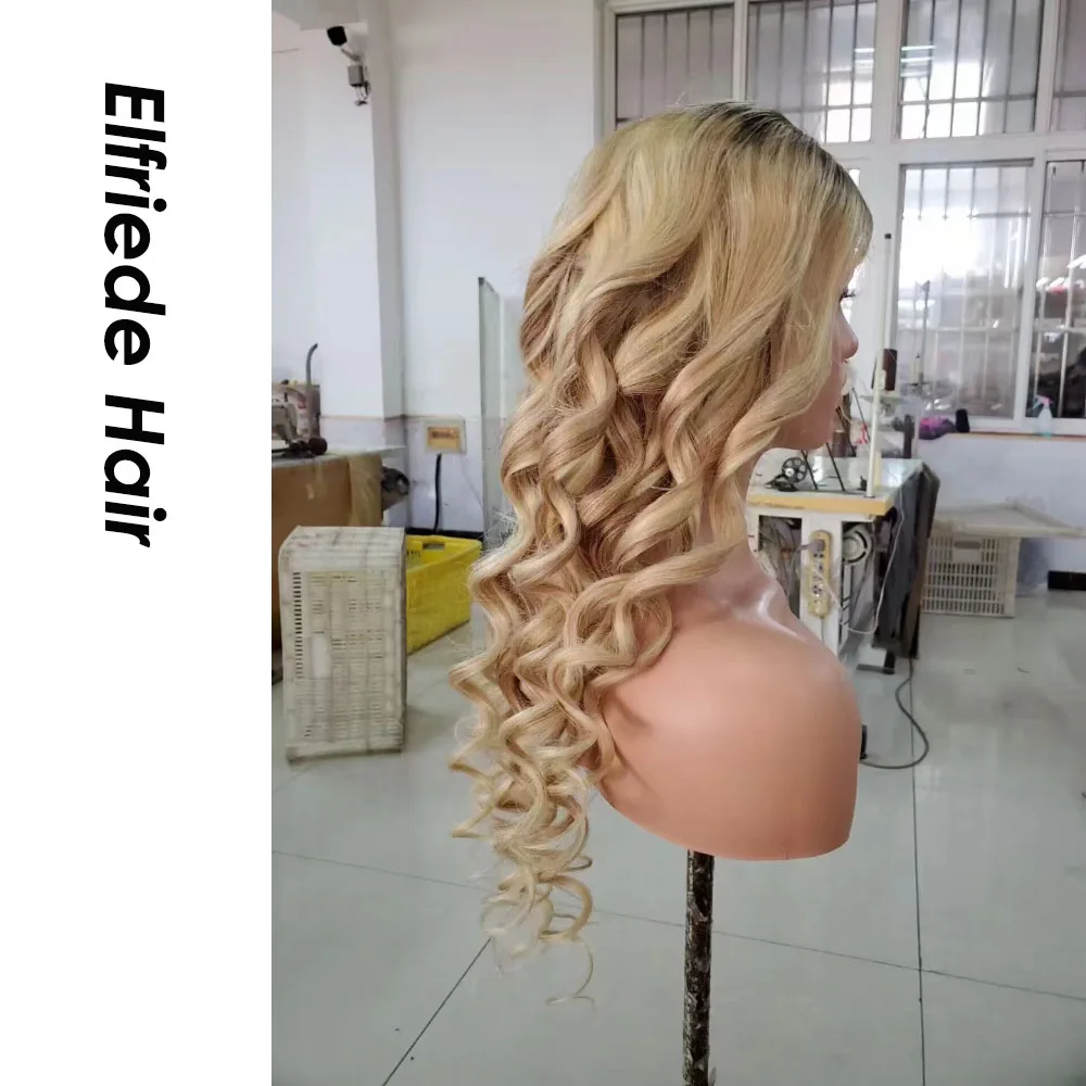Elfriede # T4/27 Ombre медово-светлые свободные волнистые фронтальные парики на сетке для