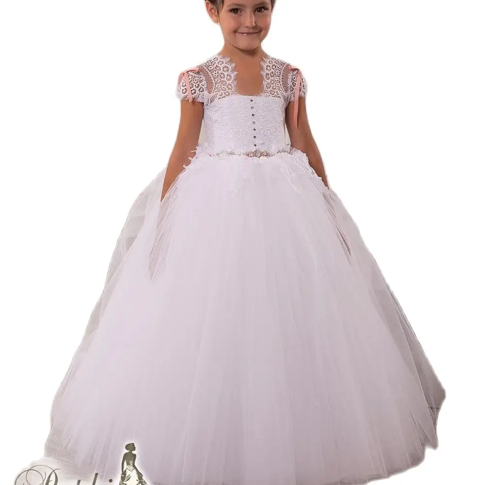 

Flower Girls Dresses with Cap Sleeves and Crystals Sash Lace Tulle Little Ball Gown First Communi Pageant Dresses for Girls