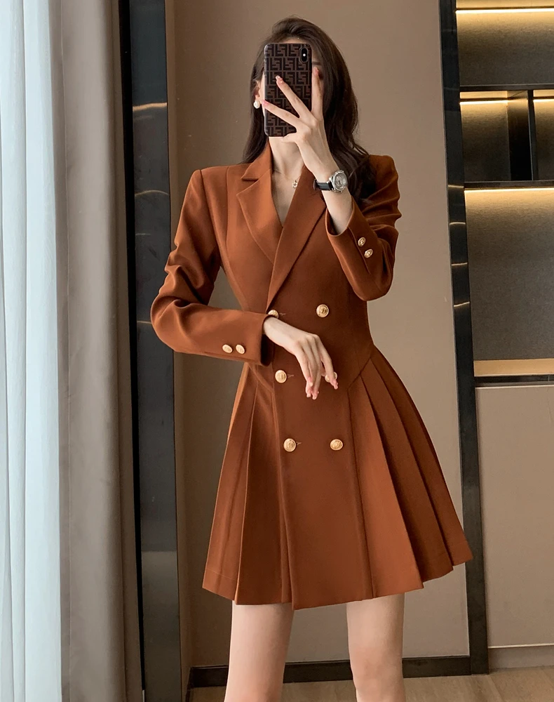 Elegant Women Blazer Dress Korean Fashion Trench Double Breasted Lengthened Lapel Female Clothing Office Ladies Formal Jacket