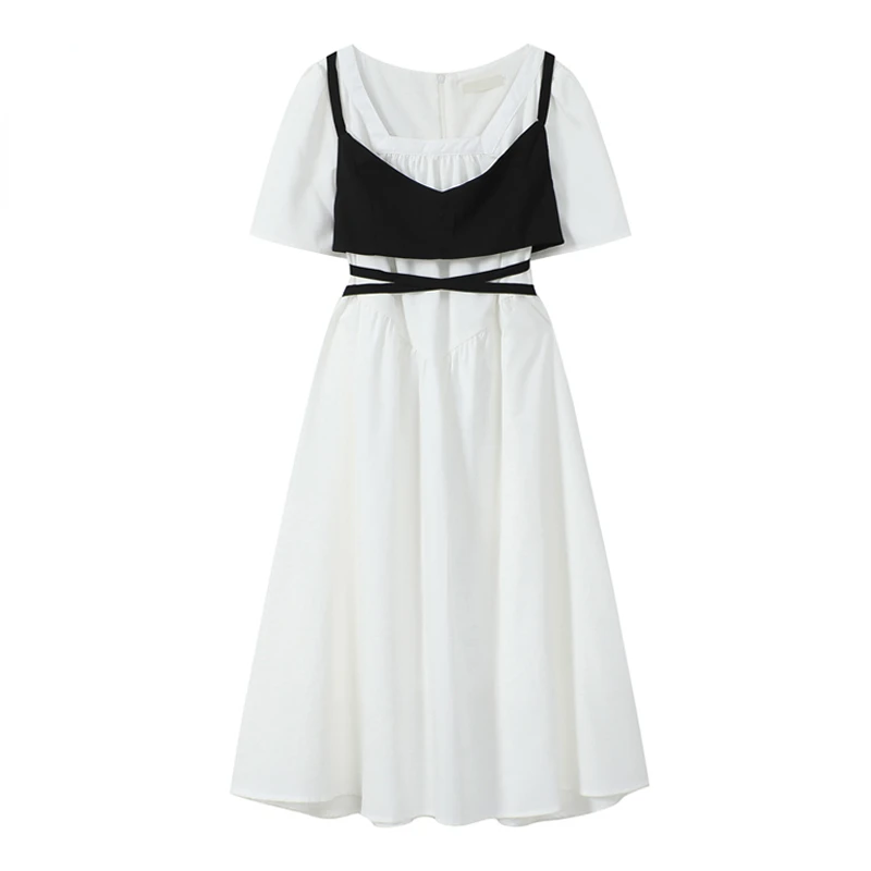 

Women Casual Black Strap Vest And Blouse High Waist Short Sleeve Dress 2021 Summer Chic Fashion Korean Two Piece Dress Female|Dr