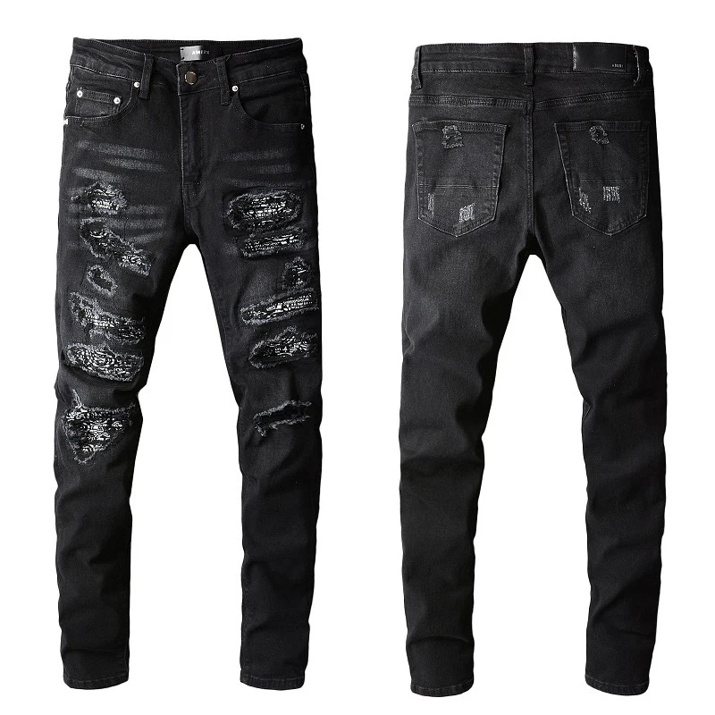 

AM Fashion Desigher Men's Jeans Skinny Black Stretch Destroyed Camo Patched Jeans Slim Ripped Pants Men Punk Hole Trousers