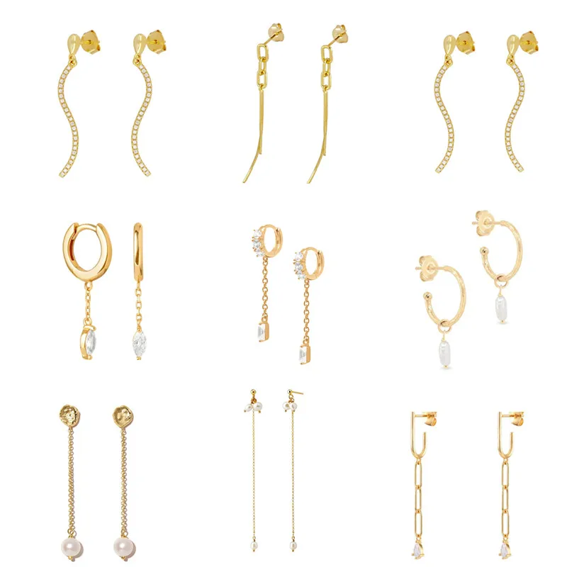 

AIDE Long Chain Tassel Gold Earrings For Women 925 Sterling Silver Curved Zircon Stud Earrings Girls Birthday Gifts