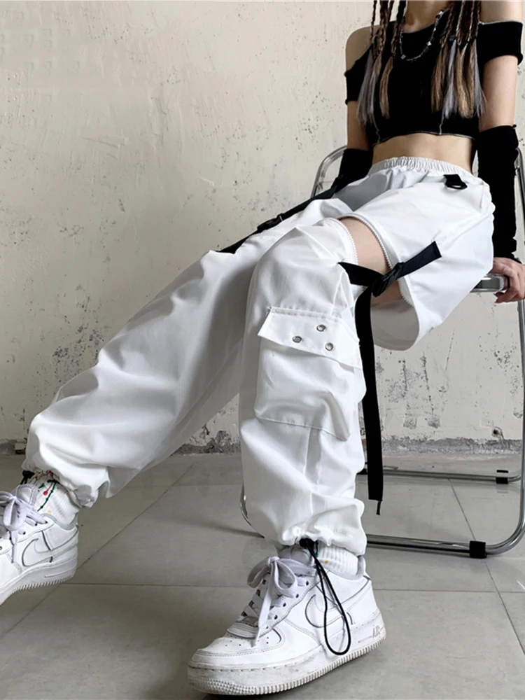

Fashion Hollow Out Cargo Pants Y2k High Waist Baggy Removable Ribbon Hip Hop Pants Women Fashion Boyfriend Streetwear Sweatpants