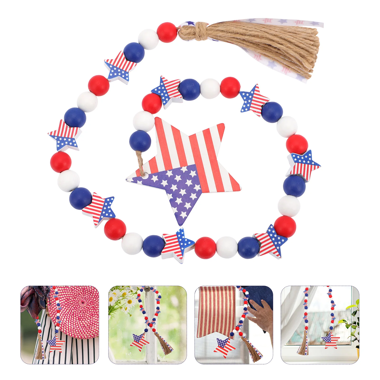 

Rustic Garland Wall Hanging Beads Decor American Flag Woodsy Farmhouse Home Accessories Tassel Independence Day Wooden String