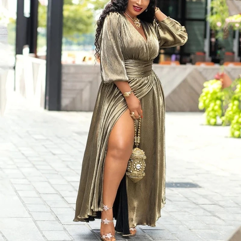 

Big Size Women Dresses Sexy Golden Shiny Cross Wrap High Slit Dress Lantern Sleeve Party Night African Long Dress Spring Fall