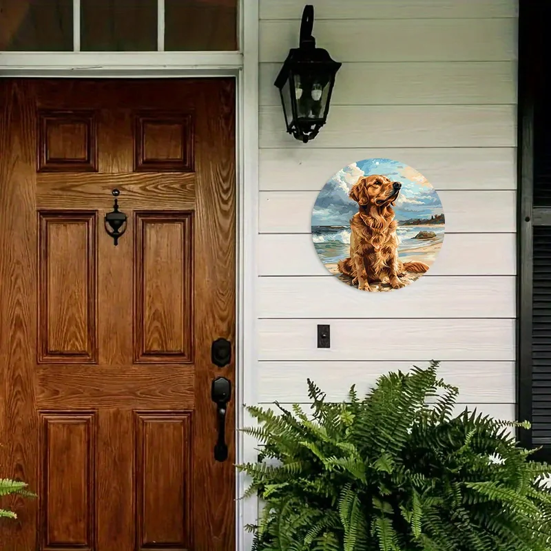 Okrągły aluminiowy metalowy znak tabliczka wieniec z płaskim wzorem psa 2D do dekoracji wnętrz zabawny wystrój jako prezenty dekoracja ścienna