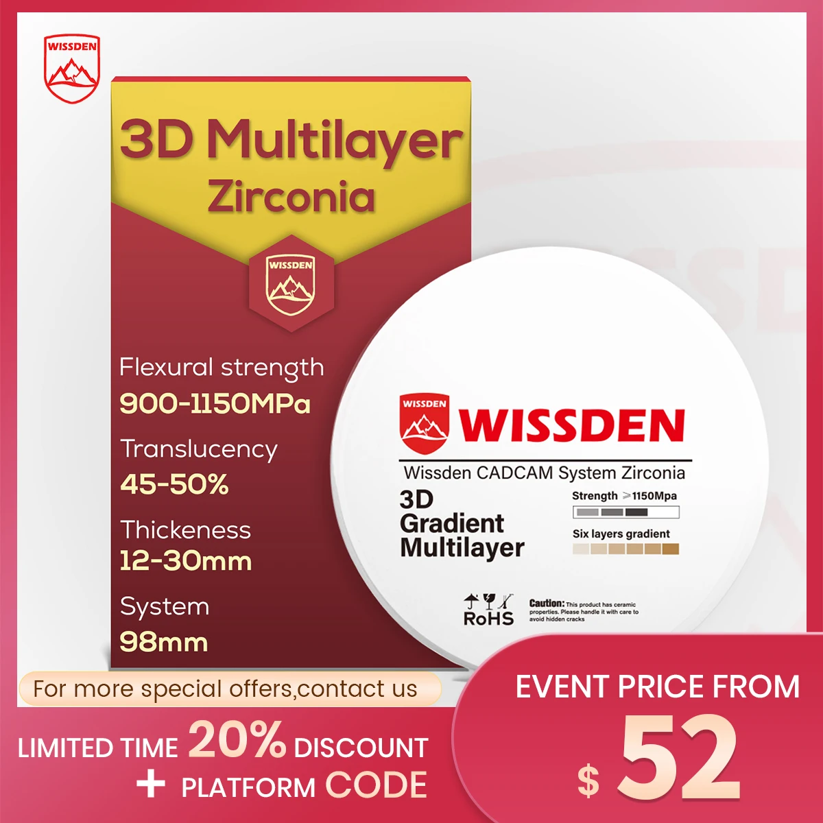 Wissden стоматологические лабораторные материалы Многослойные циркониевые блоки 3D