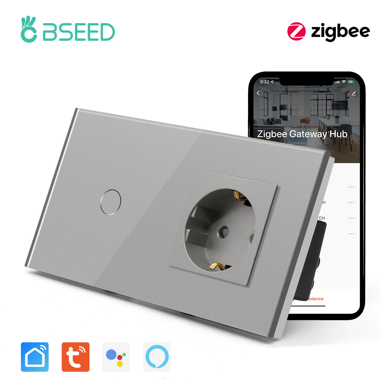 

BSEED Zigbee Smart Light Switch 1/2/3Gang Wall Sensor Switch Google Home Tuya Control EU Power Socket Without WIFI Gray