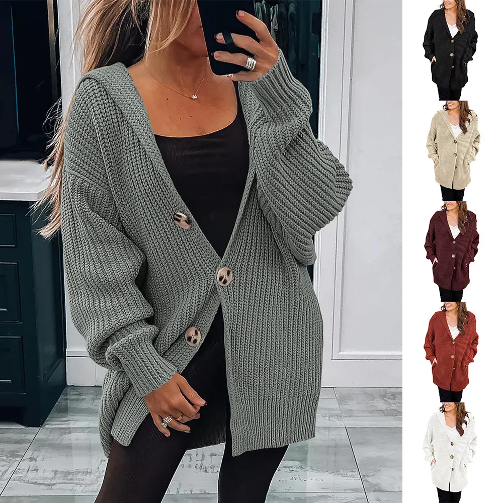 

2023 Spring Autumn New Leisure Loose Women Knitted Sweaters Coat Fashion Hooded Female Sweater Coats