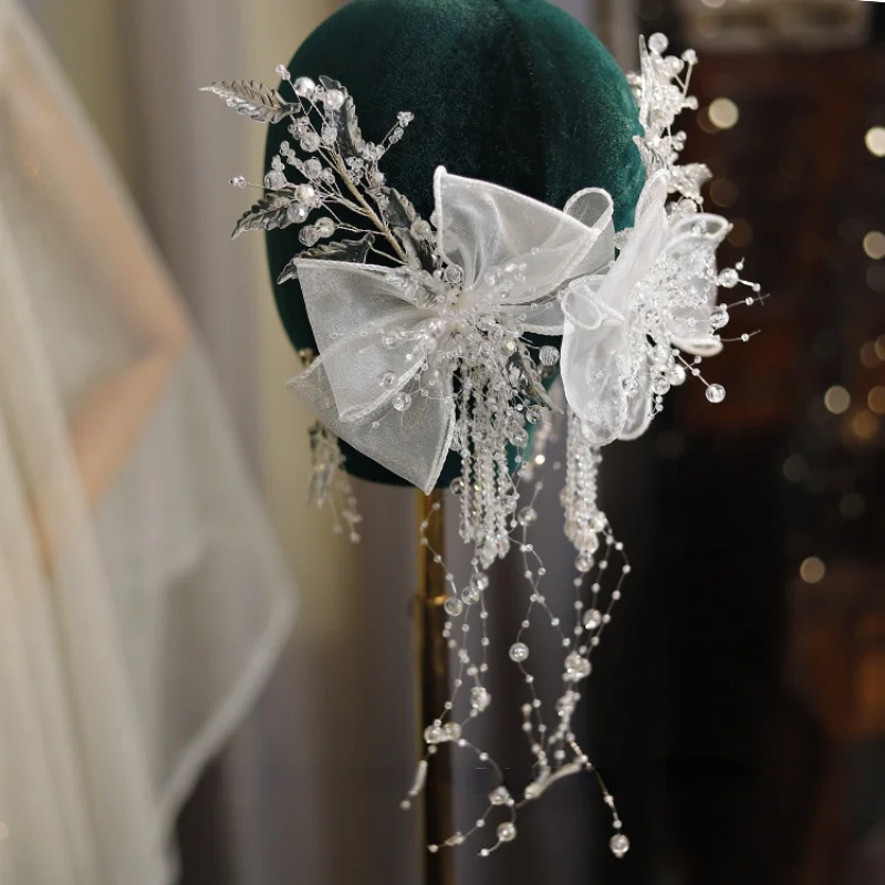 

Свадебный головной убор из шелковой пряжи с бисером и кристаллами супер фея красивая свадебная заколка для волос Свадебные аксессуары