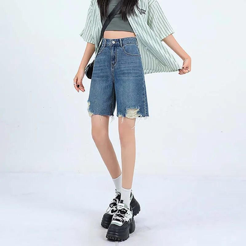 Fashion Casual Half Denim Shorts Women Short Jeans High Waist Tassels Belted Loose Female Versatile Streetwear Summer 2023 New
