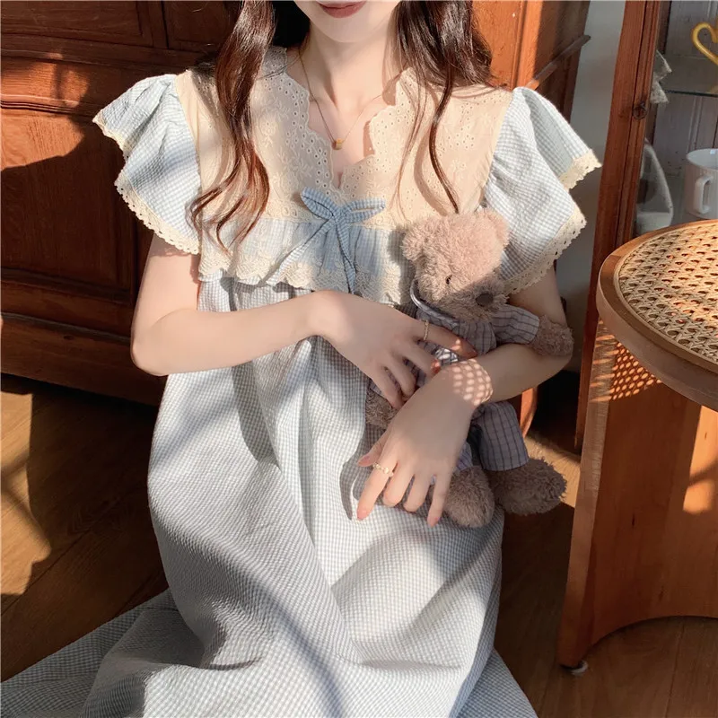 Korean Cute Lacework Embroidery Princess Nightgown Women Summer Short Sleeve Plaid Sleepdress Bow Tie Home Clothes Ruffles S075