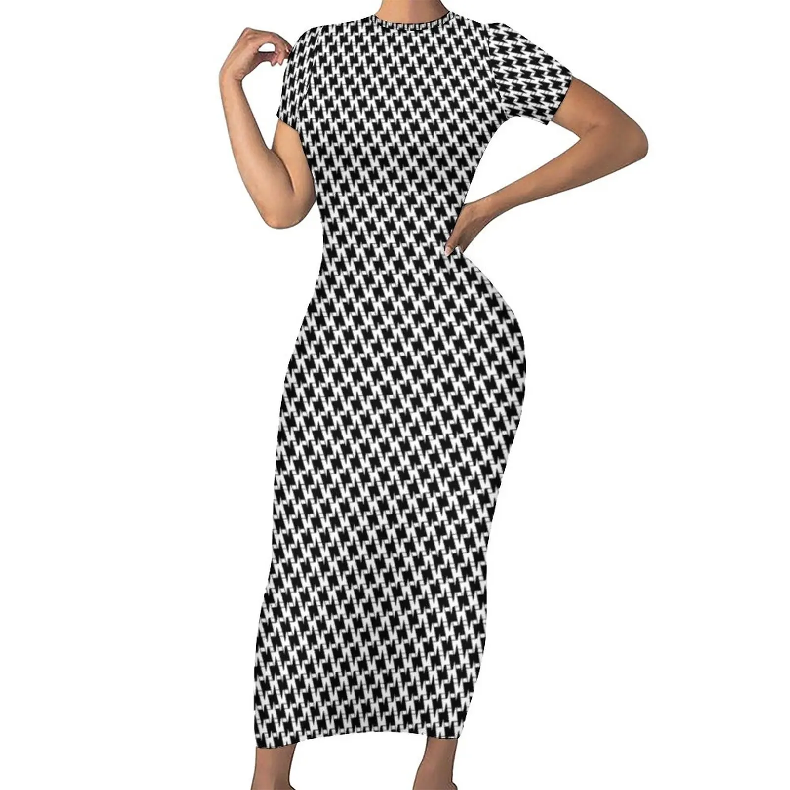 

Lightning Houndstooth Bodycon Dress Summer Black Bolts Print Cute Maxi Dresses Womens Short Sleeve Design Street Wear Dress