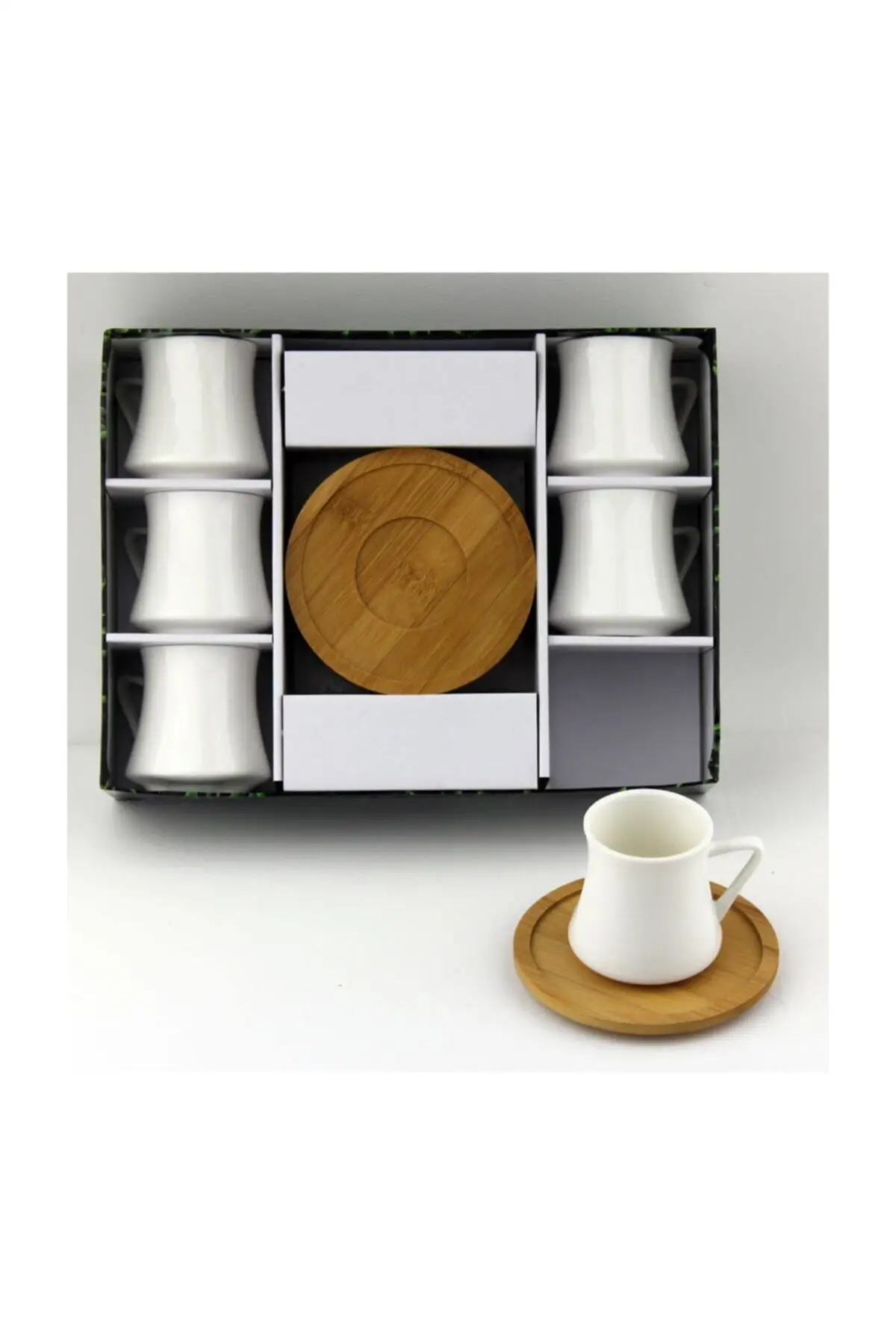 

Amazing Turkish Greek Arabic Coffee & Espresso Cup Set Beige Porcelain Bamboo Plate Coffee Cup Set 2561