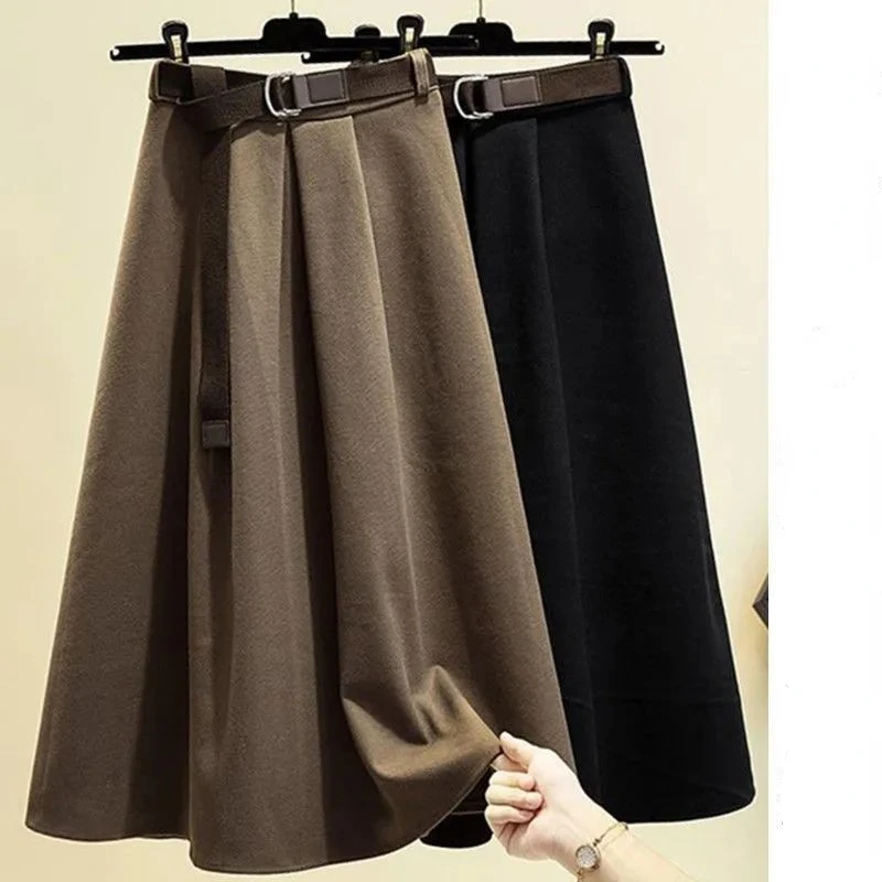 

2022 Autumn Winter Black Woolen A-Line Women Skirts Belt Pockets Fashion Lady High Waist Thick Wool Midi Skirt Fladas Mujer E321