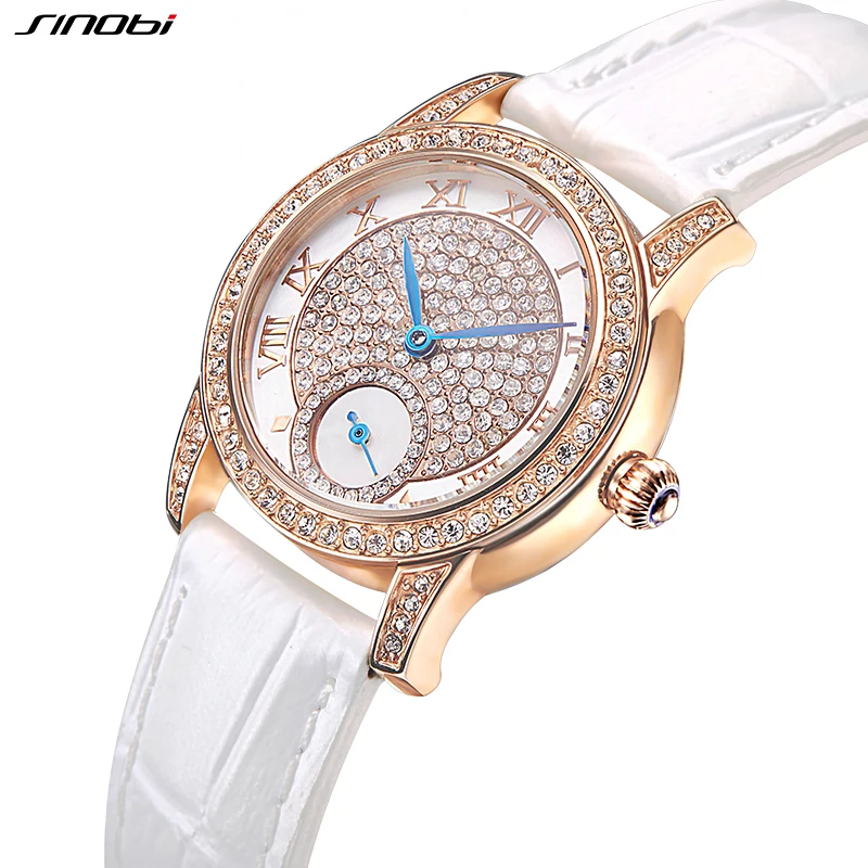 SINOBI Fashion High-End Women Watches Diamond Ladies Quartz Wristwatches White Leather Elegant Woman's Clock 5 Bar Waterproof