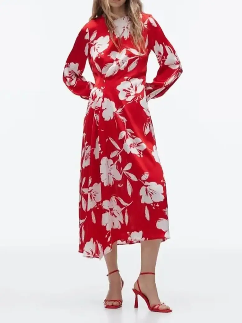 

Summer Women's Red Digital Printed Silk Satin Texture Fabric Long Sleeve Pleated Design Long Dress Sexy Chic British Style