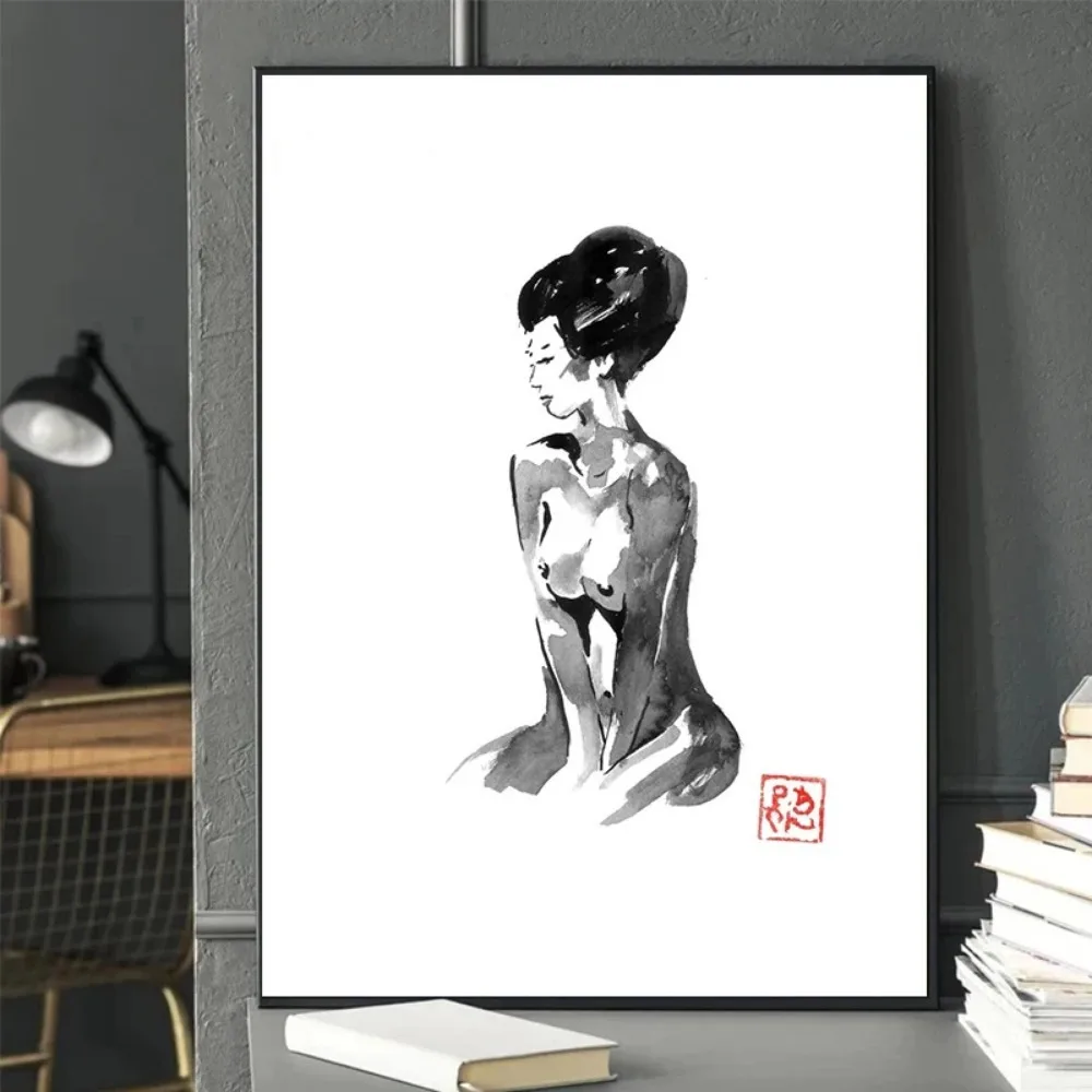 Абстрактные Черные Чернила Гейша Женщина И Зонтик Холст Принт Без Рамы Настенное