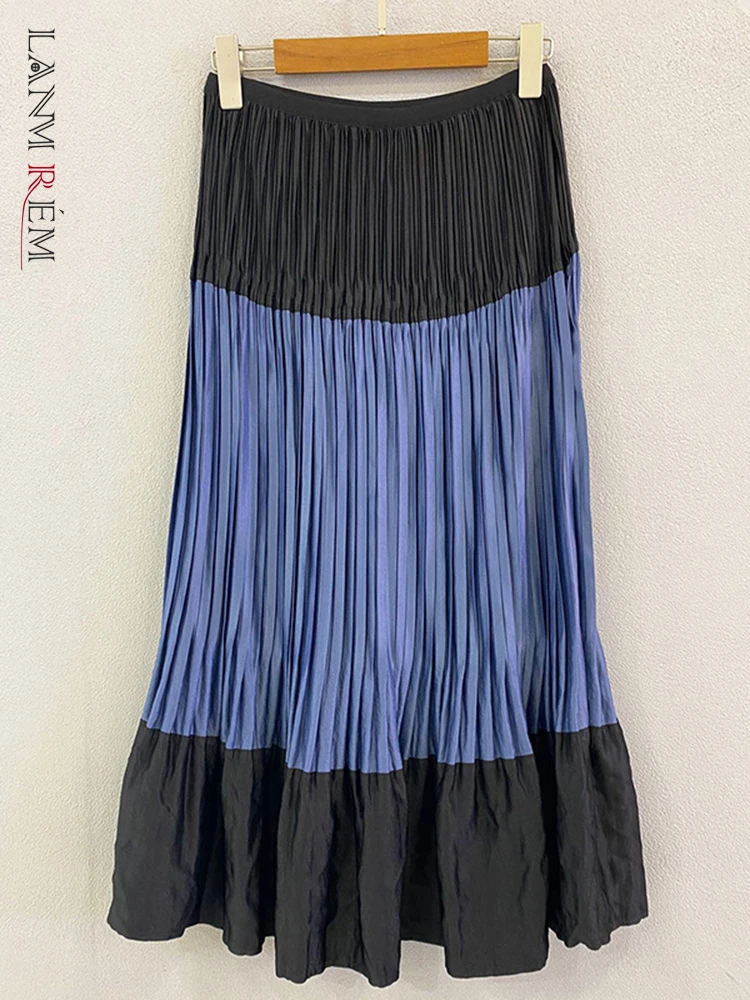 

LANMREM Patchwork Pleated Skirt For Women High Waist A-line Mid-calf Skirts Female Fashion Casual 2022 Spring Summer 2N165