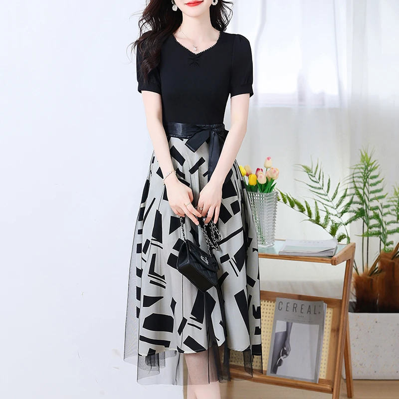 

Женское Сетчатое платье с коротким рукавом, Длинное свободное приталенное платье с квадратным вырезом и принтом, лето 2023