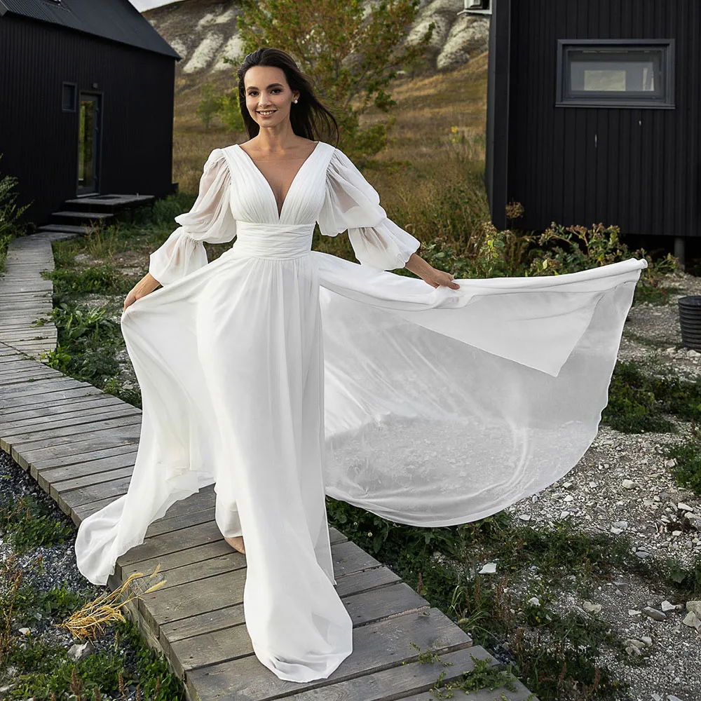 

Chic V-neck Chiffon Beach Wedding Dresses Long Sleeves Bride Dress Backless Boho Bridal Gown Vestido de Novia