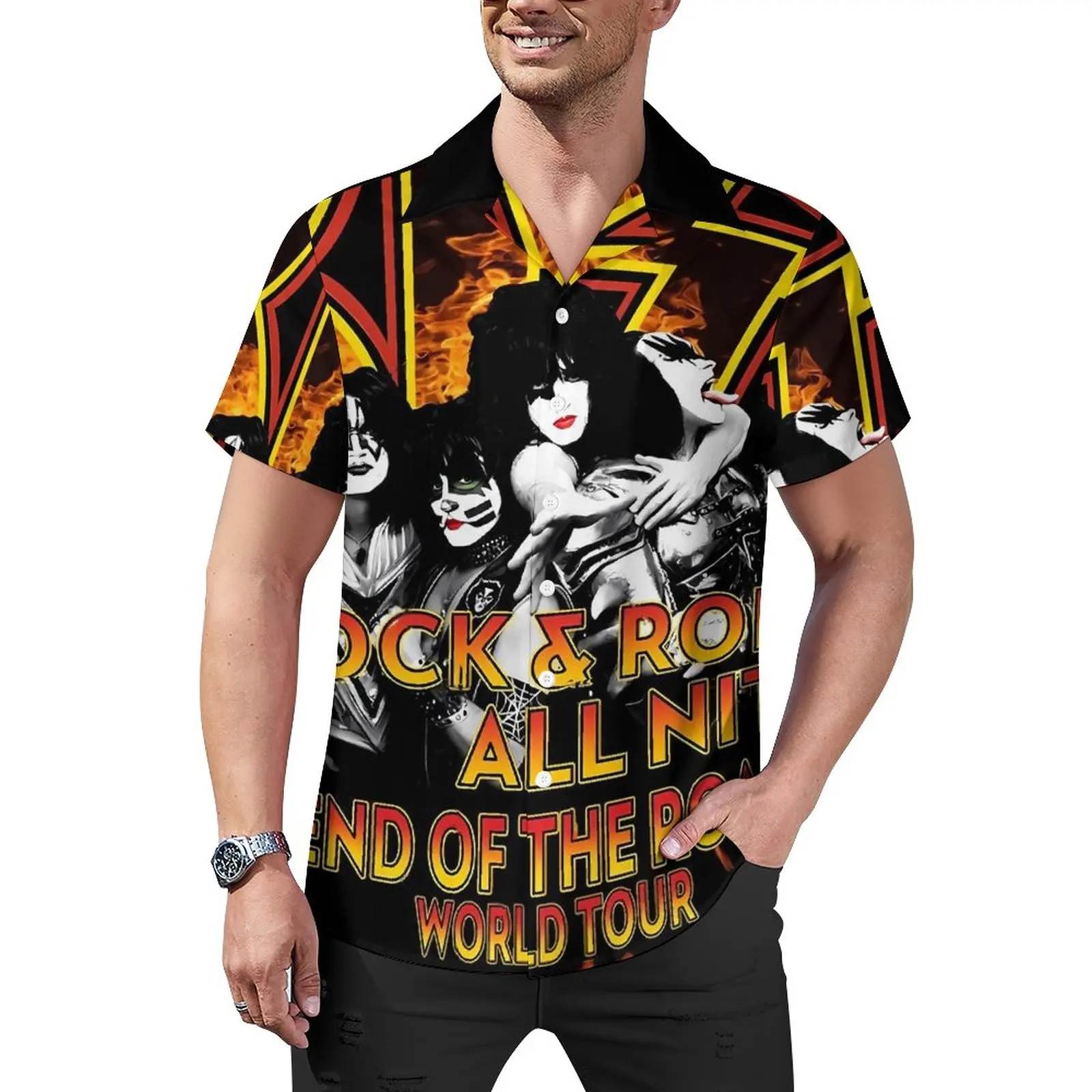 

Kiss Band Casual Shirt Tour Fire Flames Vacation Loose Shirt Hawaiian Y2K Blouses Short-Sleeve Custom Oversized Clothing