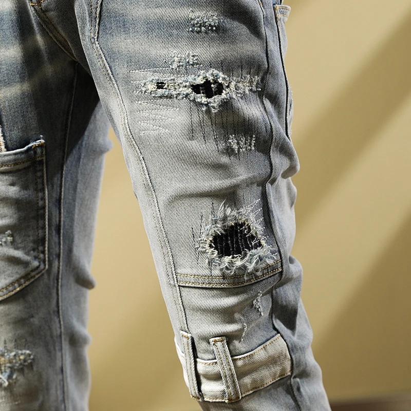 Street Fashion Men Jeans Retro Light Blue Elastic Stretch Skinny Ripped Jeans Men Spliced Designer Patched Hip Hop Pants Hombre