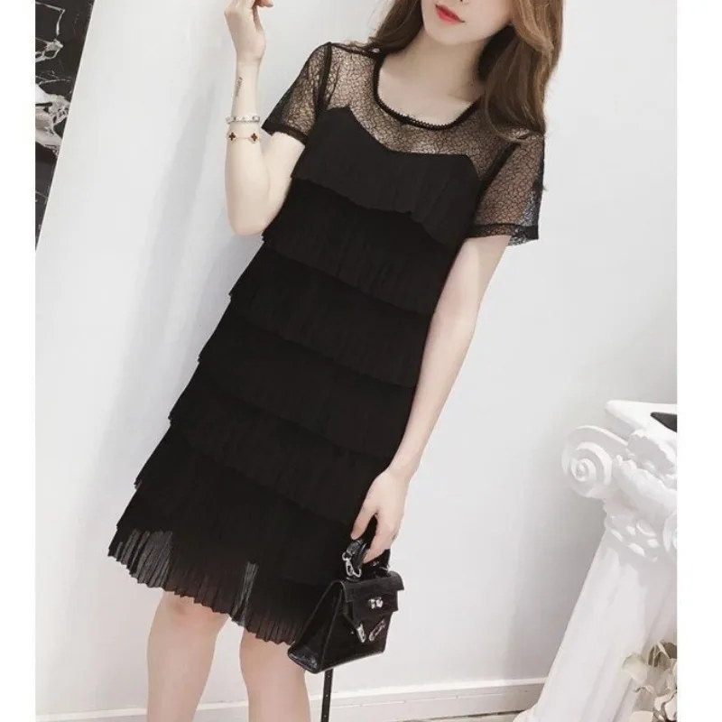 

Женское шифоновое платье средней длины, летнее кружевное платье с коротким рукавом, черная юбка