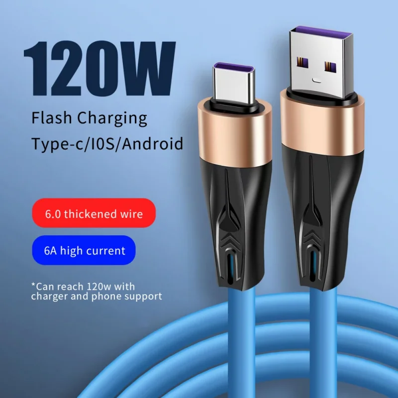 

USB 120W Fast Charge Cable 7A USB-Type C/Micro USB/LIGHTNING Soft Liquid Silicone Bold Data Cable for iPhone Xiaomi Samsung