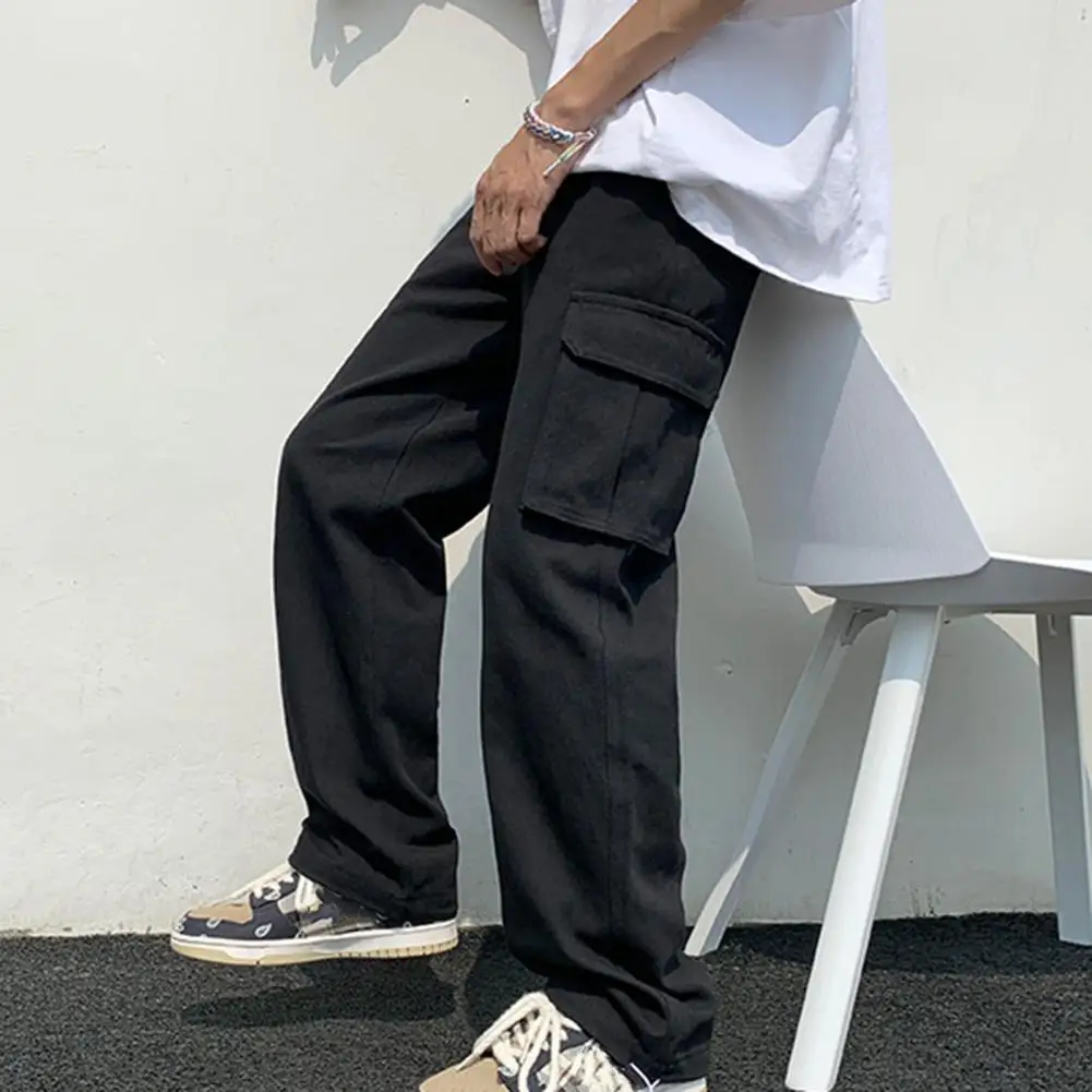 

Men Cargo Pants Solid Color Hip-hop Style Loose Pattern Multi Pockets Elastic Waist Men Trousers Daily Clothes