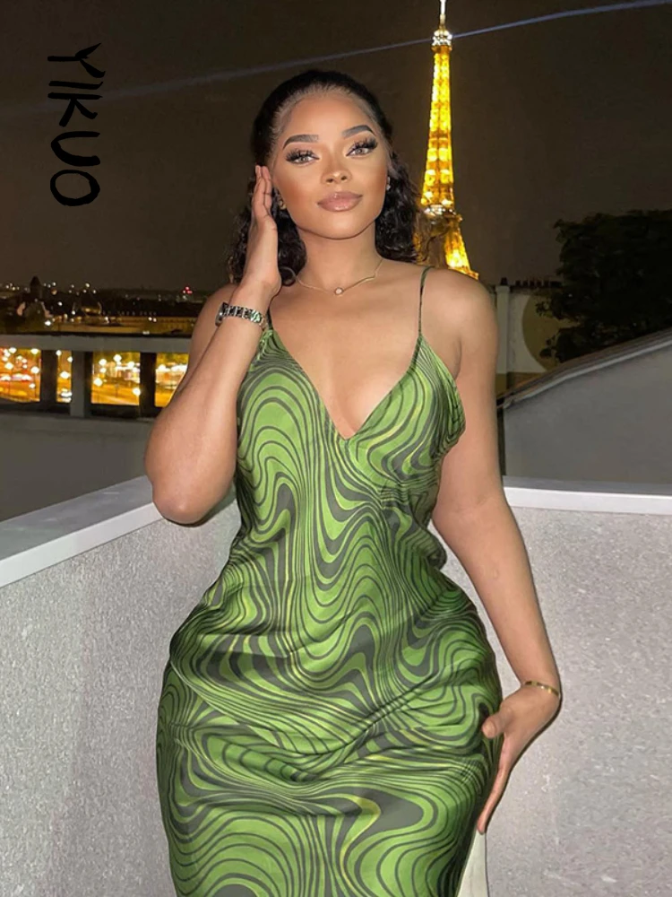 

YIKUO Striped Print Maxi Dress Women Summer Y2K Spaghetti Strap V-neck Cleavage Straight Robe Casual Vacation Fashion Clothing