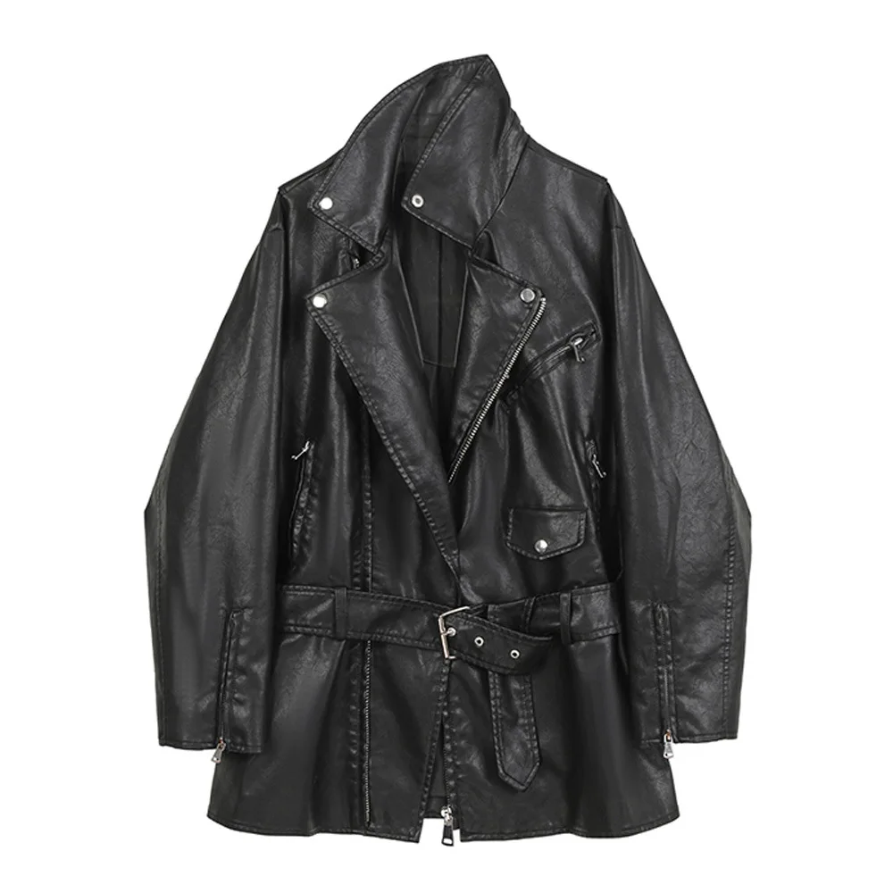 Mid-length locomotive women's leather clothes 2023 autumn new suit collar leather jacket jacket