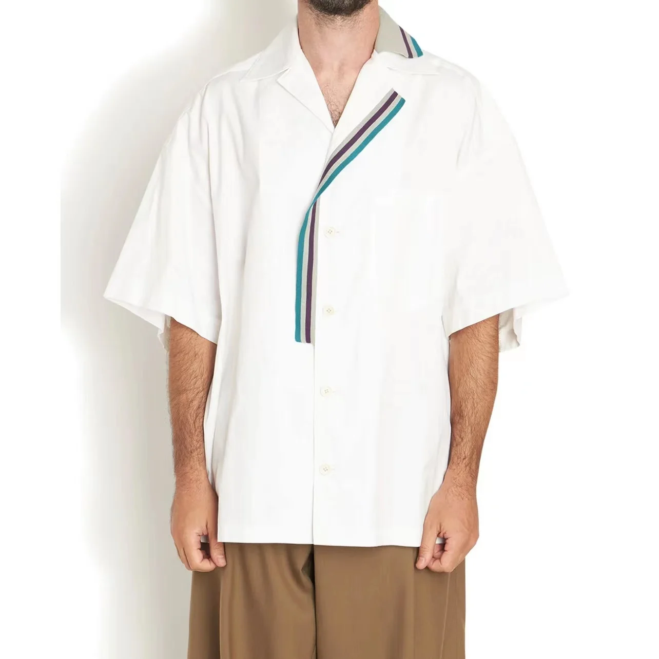 

Japanese Style Loose Cotton Asymmetric Stripe Color Matching V-neck Splicing Short Sleeve Men and Women Shirt Casual Polo