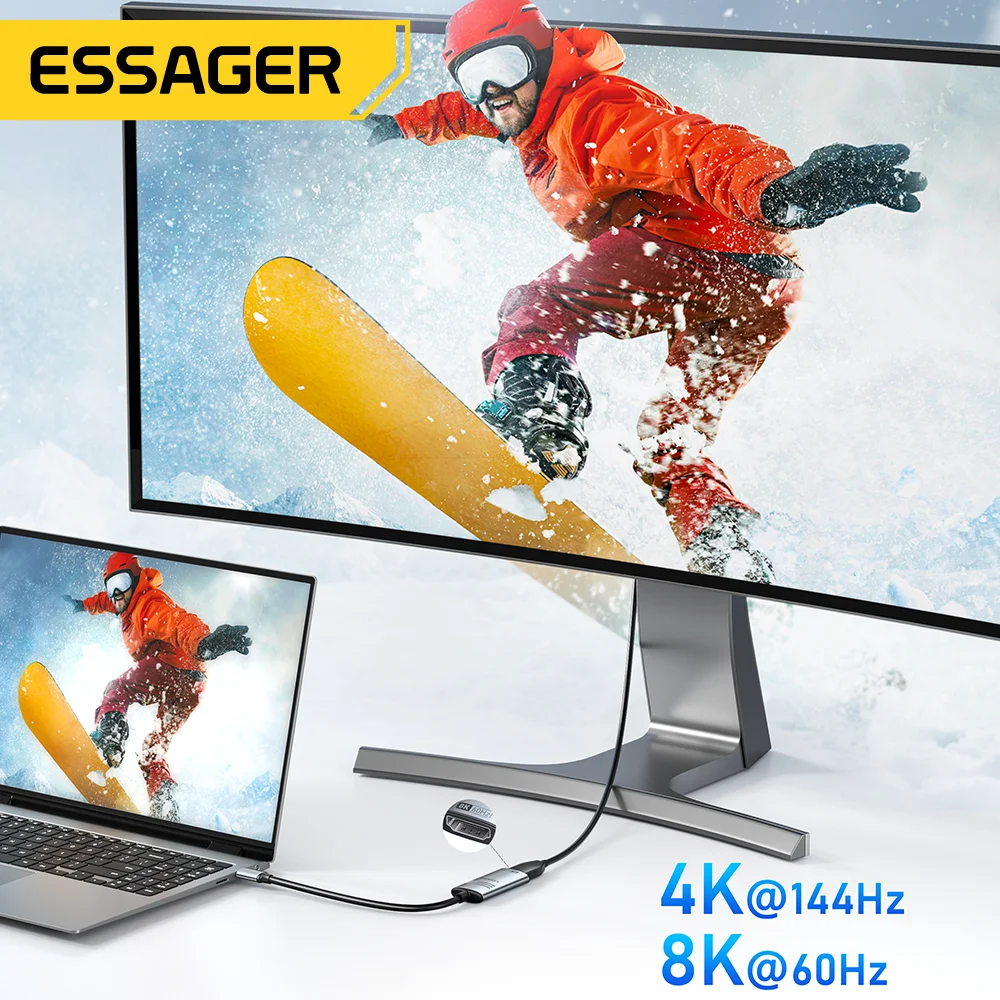 Адаптер Essager HDMI-USB-C 8K @ 60Hz 4K 120Hz/144Hz для iPhone MacBook Pro Air iPad Samsung высокоскоростной