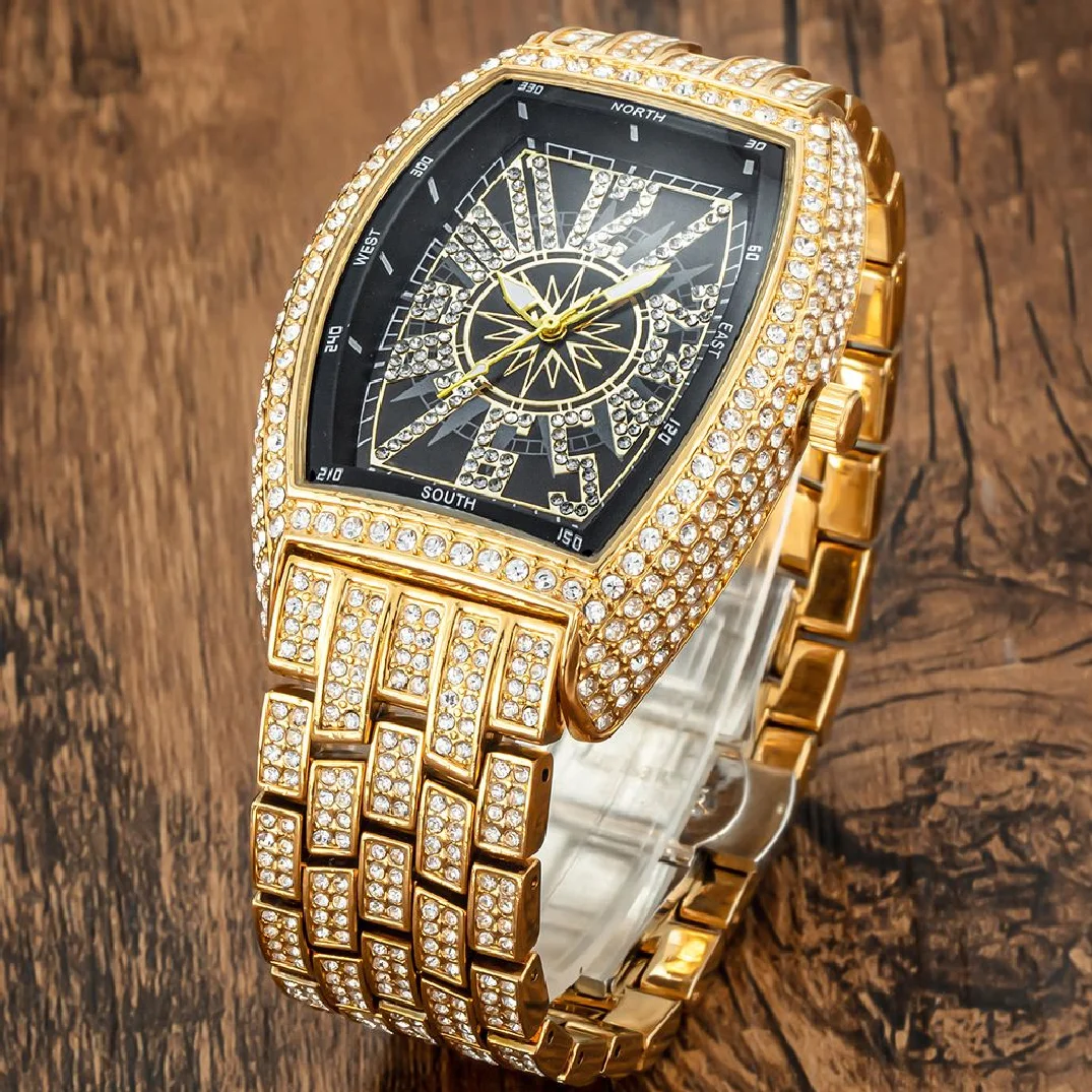 

Original Brand Luxury Full Diamond Iced Out Watch Bling-ed 18K Gold Case Stainless Steel Quartz Wristwatches Male Clock for Men