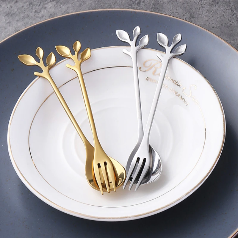 

6Pcs Stainless Steel Coffee Spoons Golden Branch Leaves Spoon Fruit Fork Dessert Ice Cream Tea Stirring Spoons Kitchen Tableware