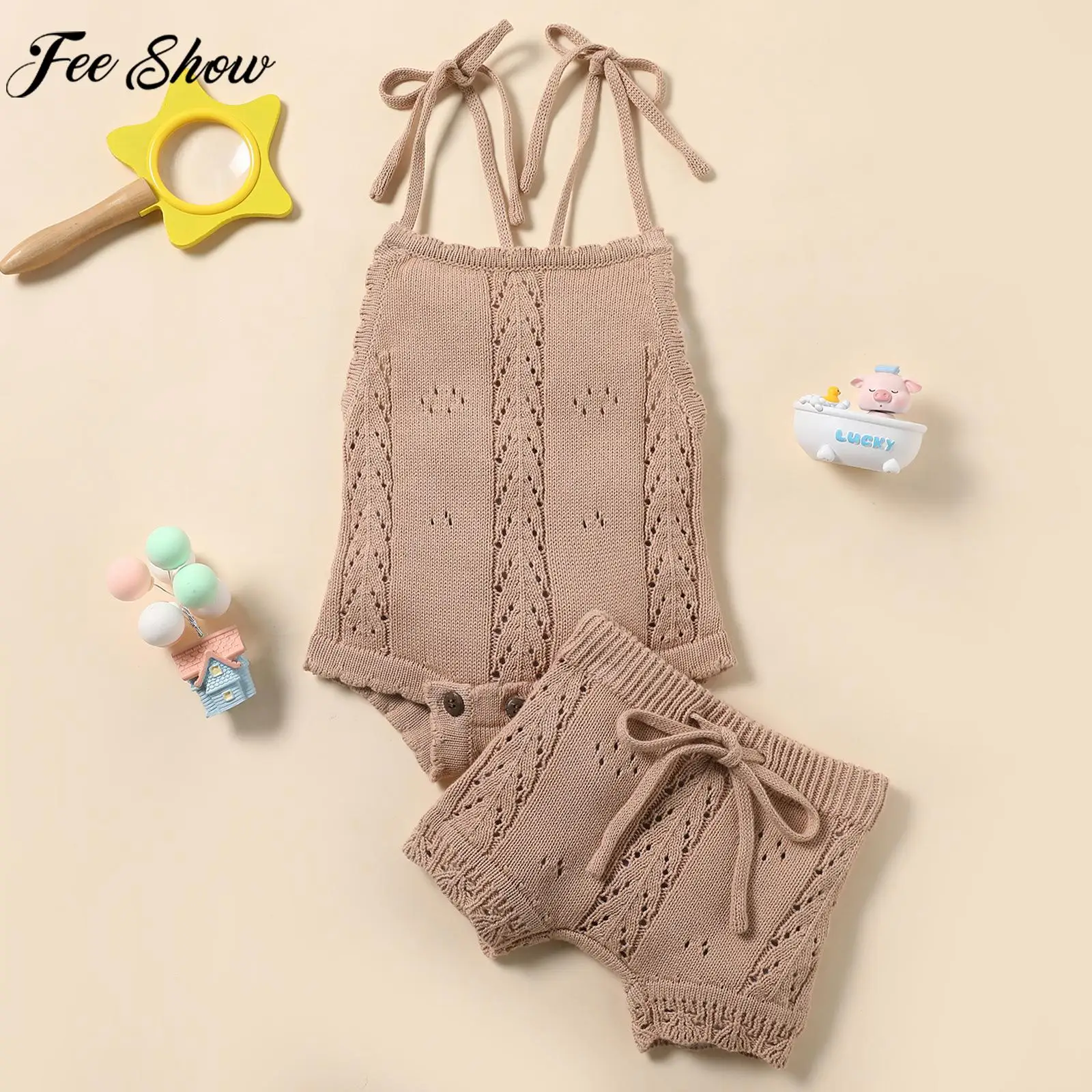 

Summer Baby Girls Casual Preppy Style Outfits Sleeveless Lace-up Suspender Romper with Shorts for Daily Wear Photo Shoot
