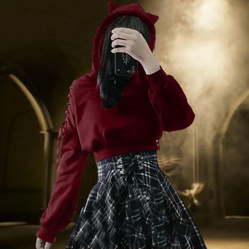 

Осенняя Женская Толстовка свободного покроя с вырезами на шнуровке спортивная толстовка на Хэллоуин с длинным рукавом с кошачьими ушками Укороченный свитшот с капюшоном