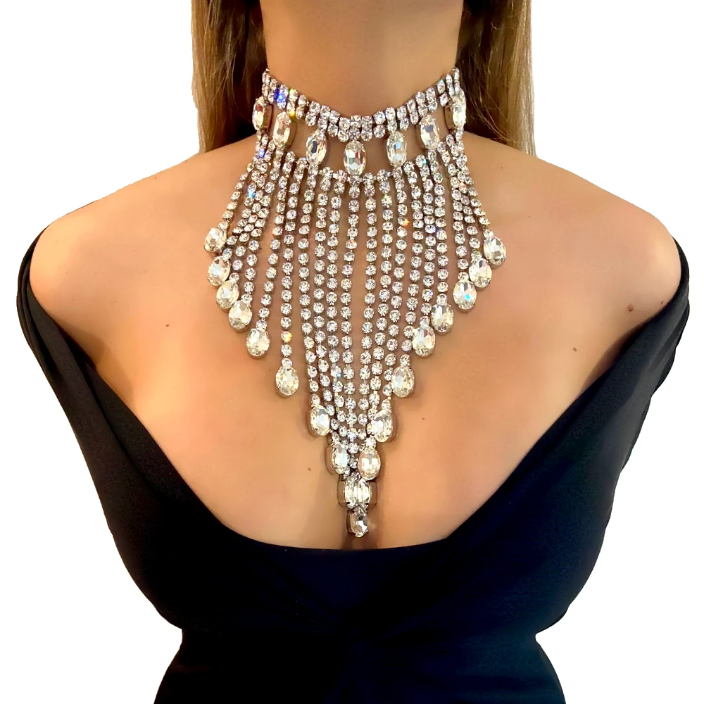 

New Luxury Jewelry Large Tassel Rhinestone Choker Necklace for Women Crystal Water Drop Pendant Necklace Collar Accessories