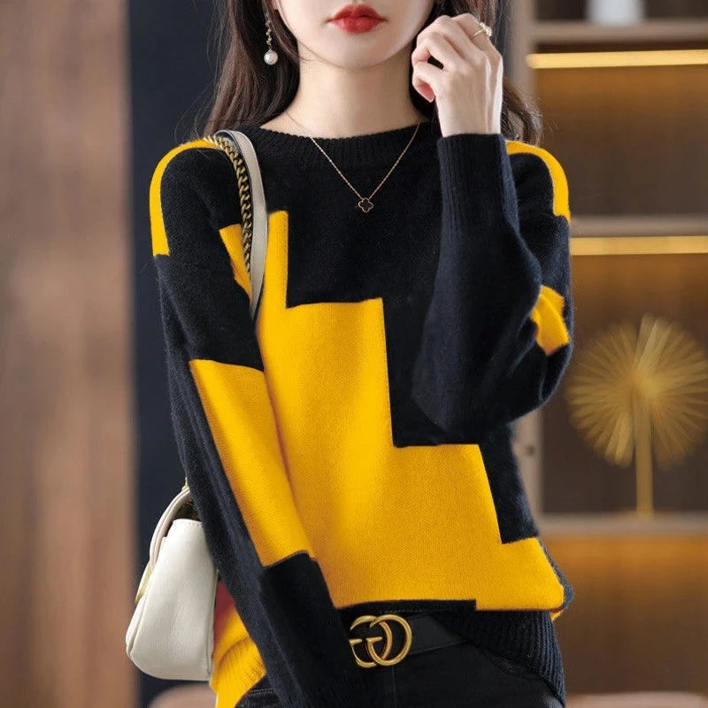 

Fashion O-Neck Spliced Knitted Color Sweater Female Clothing 2022 Autumn New Loose Casual Pullovers All-match Korean Tops