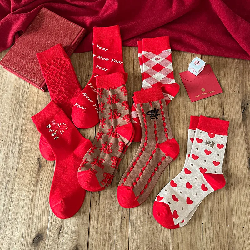 

New Year Red Woman Sock Plaid Heart for Women Socks Fashion Striped Kawaii Warm Soft Casual Sox Cotton Autumn Winter Stockings