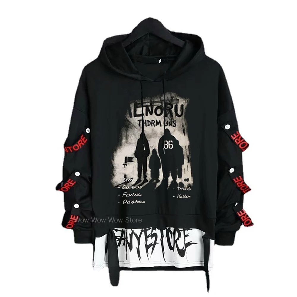 

Men's Streetwear Patchwork Hoodies Women Harajuku Y2k Hiphop Hoodie Ribbons Letter Print Sweatshirt Long Sleeve Loose Gothic