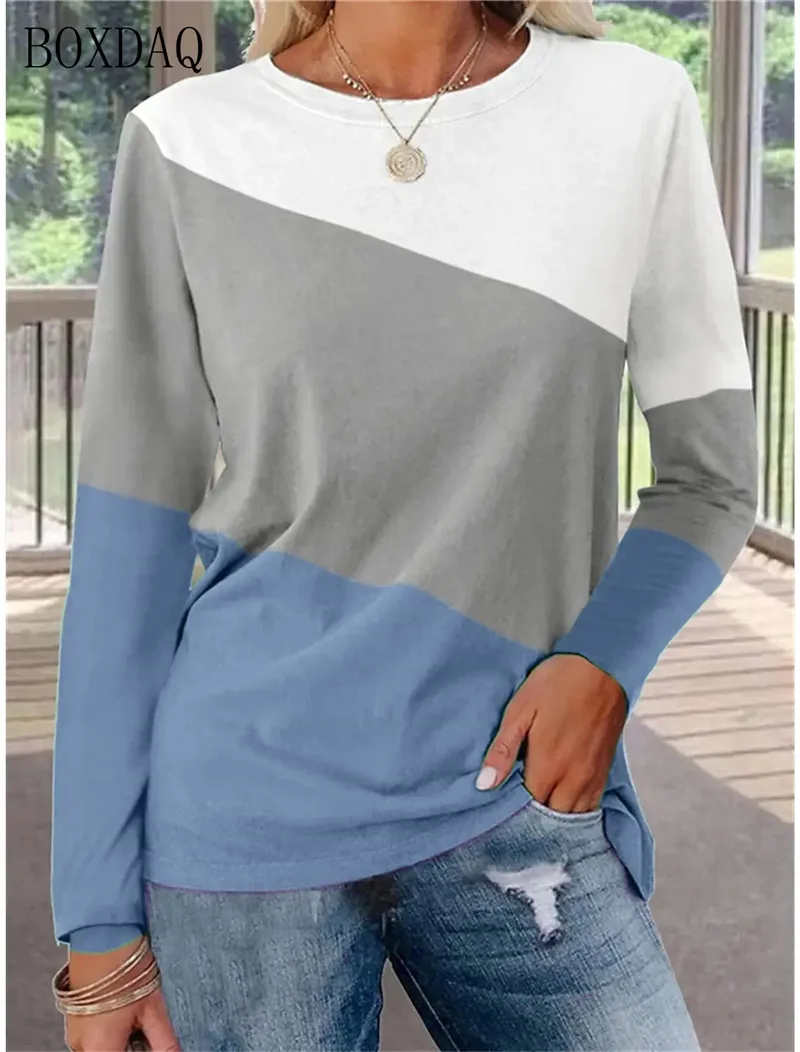 Женские Модные цветные футболки в стиле пэчворк с длинным рукавом уличные