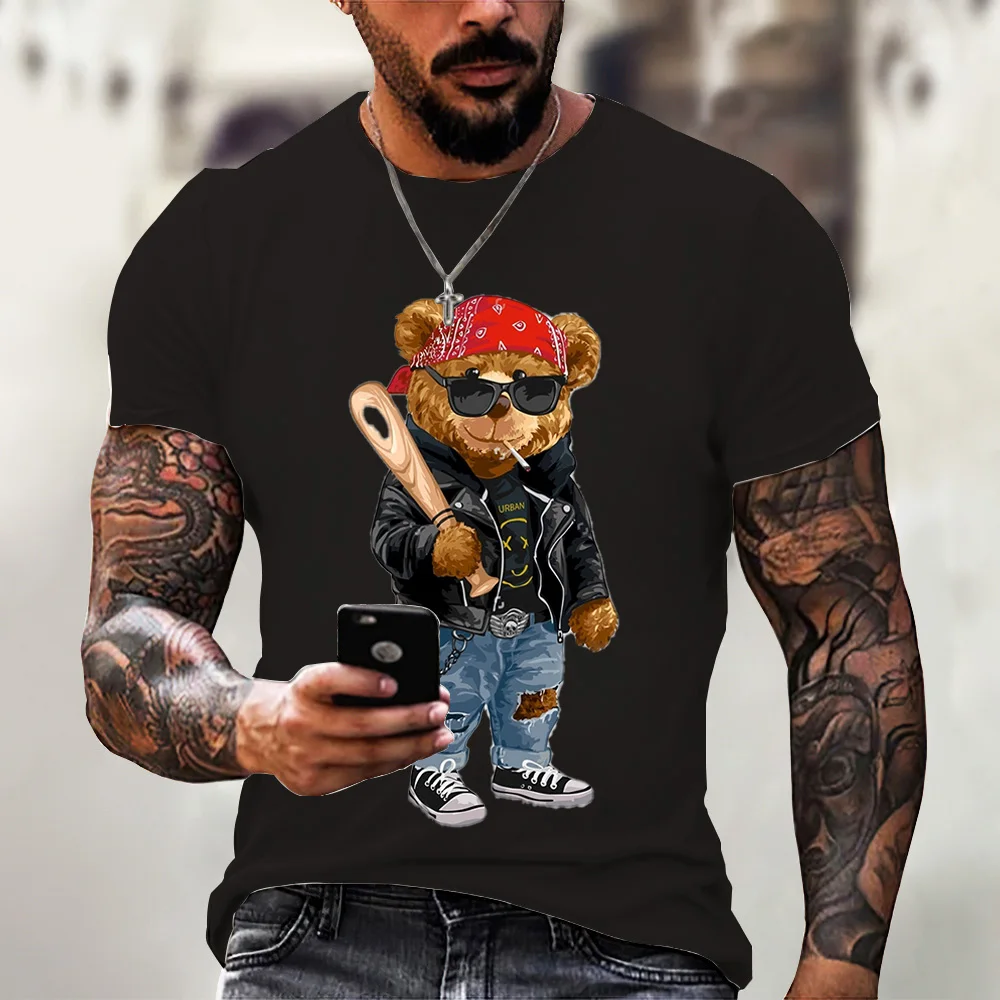 Summer Funny Teddy Bear T-shirt 3D Printed Pattern Men Women Unisex Streetwear Trend Hip Hop O-Neck Tees Punk Gun Sport Daily