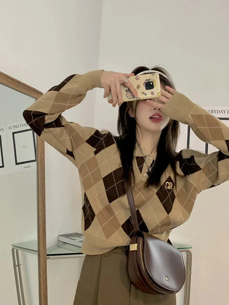 

Vintage Contrast Color Crop Tops Argyle Plaid Turn Down Collar Knitted Pullovers Autumn Winter 2023 Korean Fashion Sweaters